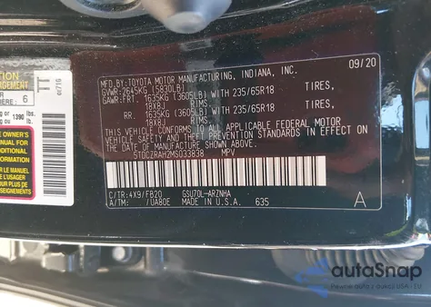 2021 Toyota Highlander L из США, поврежденный, VIN 5TDCZRAH2MS033838